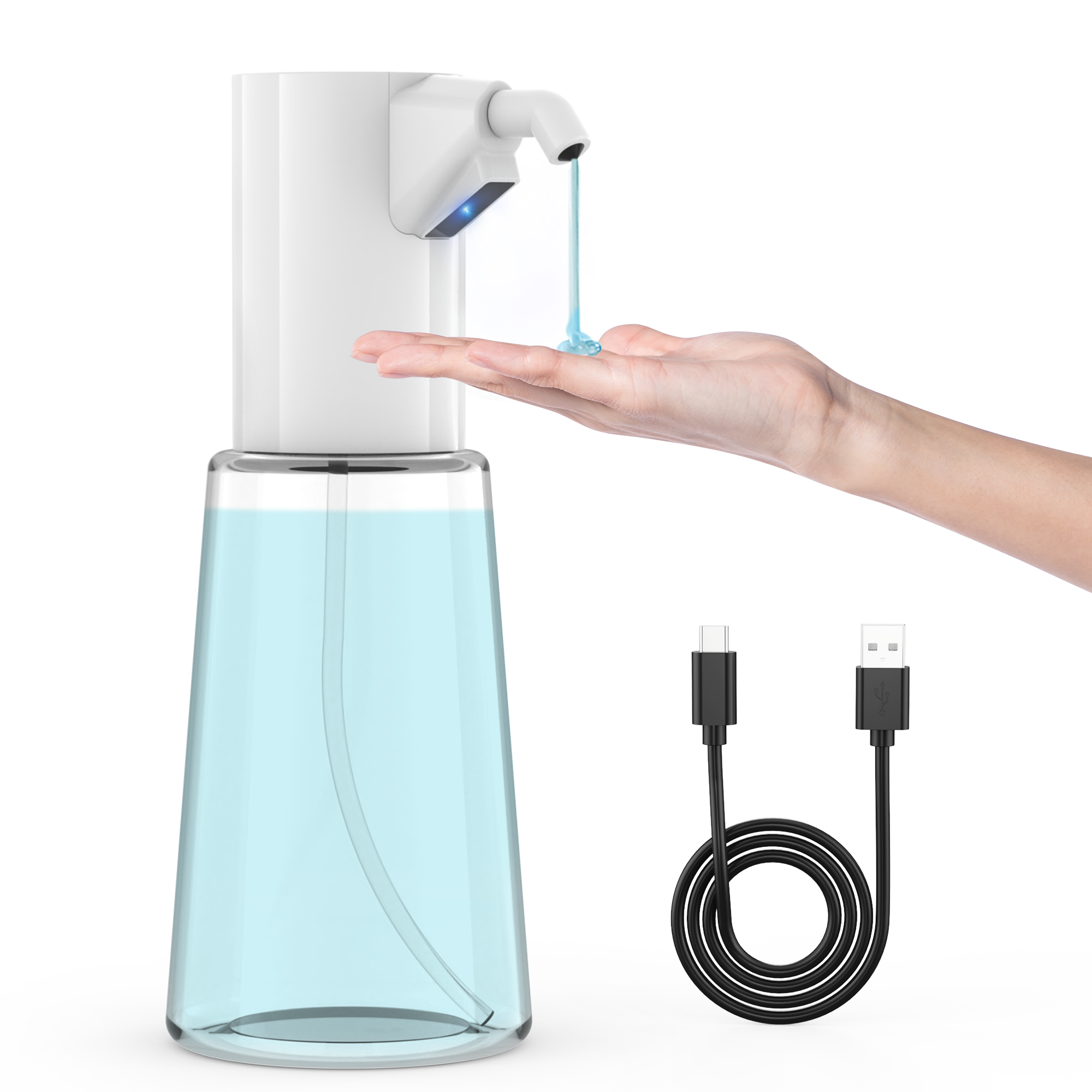 Automatic Soap Dispenser Adjustable,4 Adjustable Levels Rechargeable Electric Liquid Dispenser,450ml Touchless Hand Sanitizer Pump for Bathroom and Kitchen,The Bottle is Replaceable