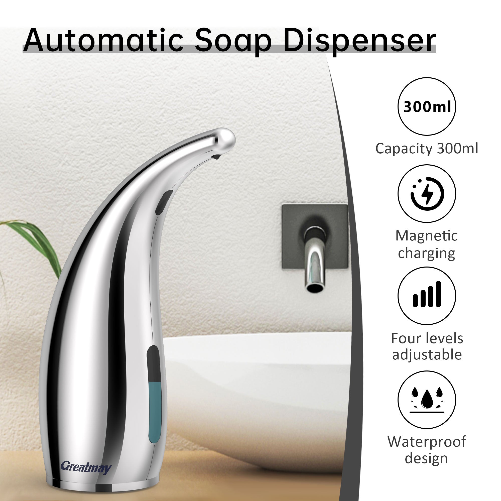 Adjustable Automatic Soap Dispenser Touchless, 4 Adjustable Levels Touchless Sensor Liquid Soap Pump Dispenser，300ml Rechargeable Magnetic Charging Hand Soap Dispenser for Kitchen，Bathroom