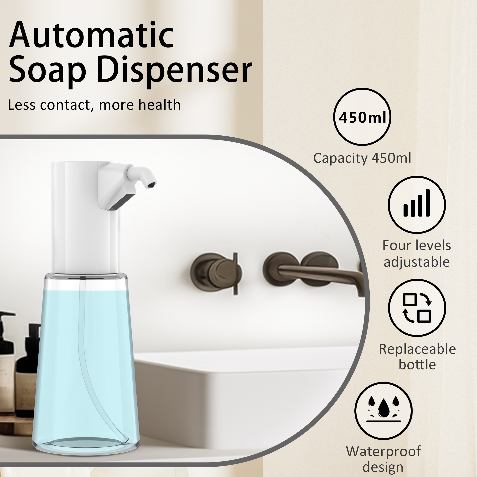 Automatic Soap Dispenser Adjustable,4 Adjustable Levels Rechargeable Electric Liquid Dispenser,450ml Touchless Hand Sanitizer Pump for Bathroom and Kitchen,The Bottle is Replaceable