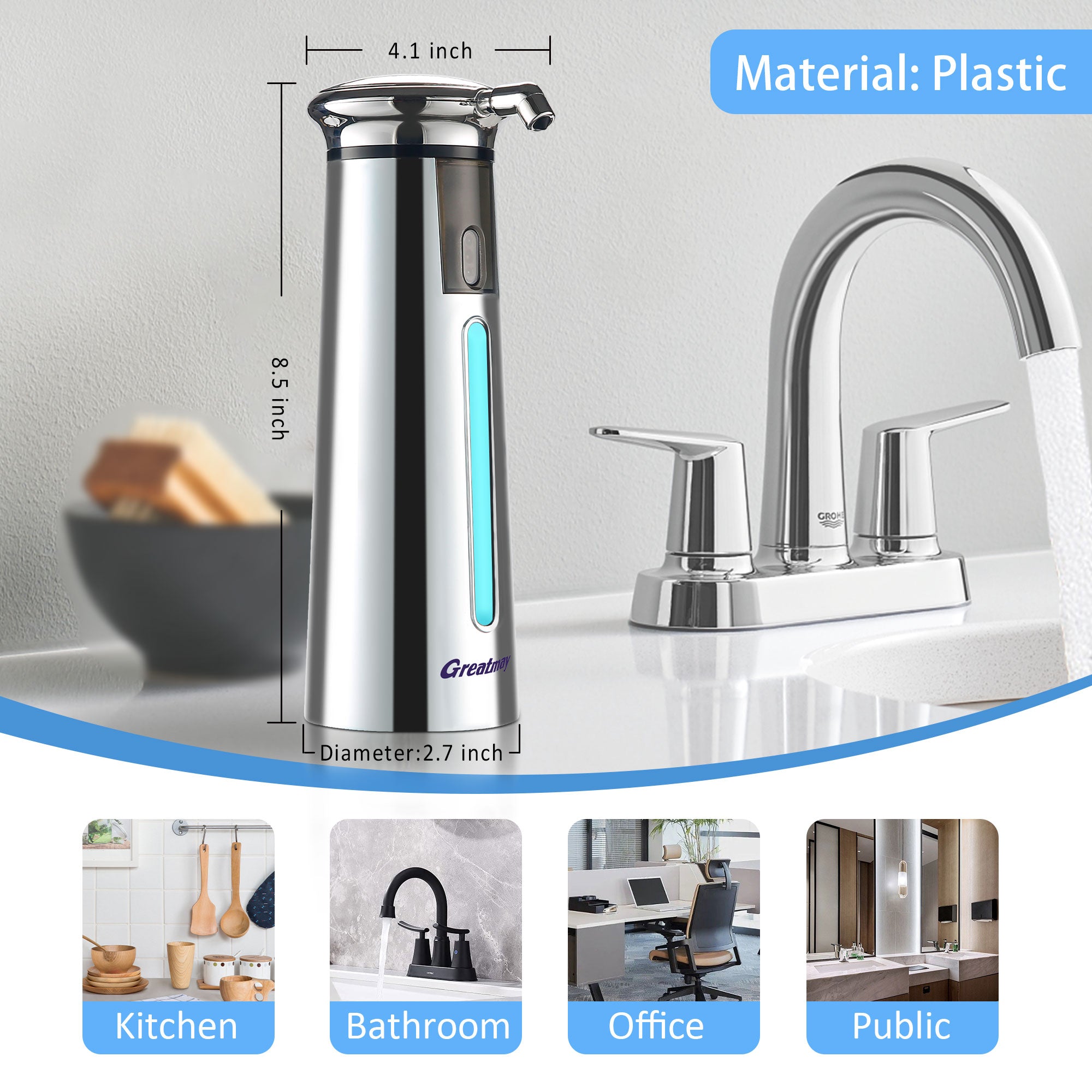 Adjustable automatic soap dispenser, non-contact, 4-speed adjustable, non-contact sensor-operated liquid soap pump, 350ml rechargeable magnetic hand soap dispenser, suitable for kitchens and bathrooms.