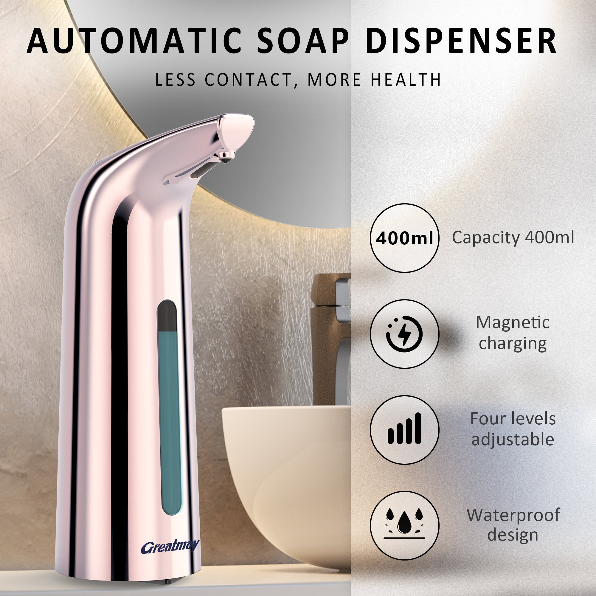 Convenient Automatic Soap Dispenser,4 Adjustable Levels Touchless Hand Sanitizer Pump with Infrared Sensor, 350 ml Countertop Electric Soap Dispenser for Bathroom,Kitchen