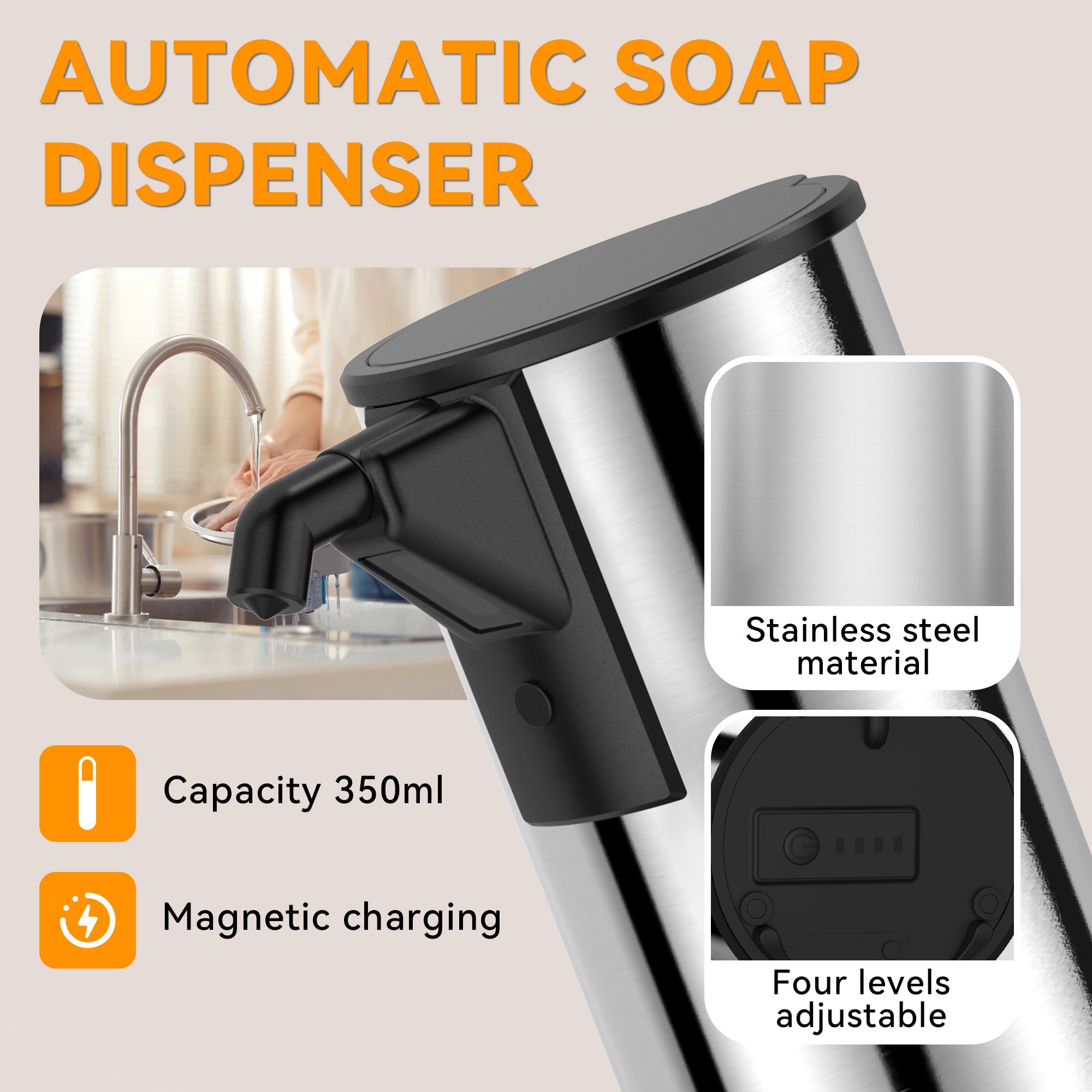 Automatic Soap Dispenser,Stainless Steel Material, Rechargeable Touchless Hand Sanitizer Pump,4 Adjustable Levels Smart Electric Dispenser,Suitable for Bathroom,Kitchen