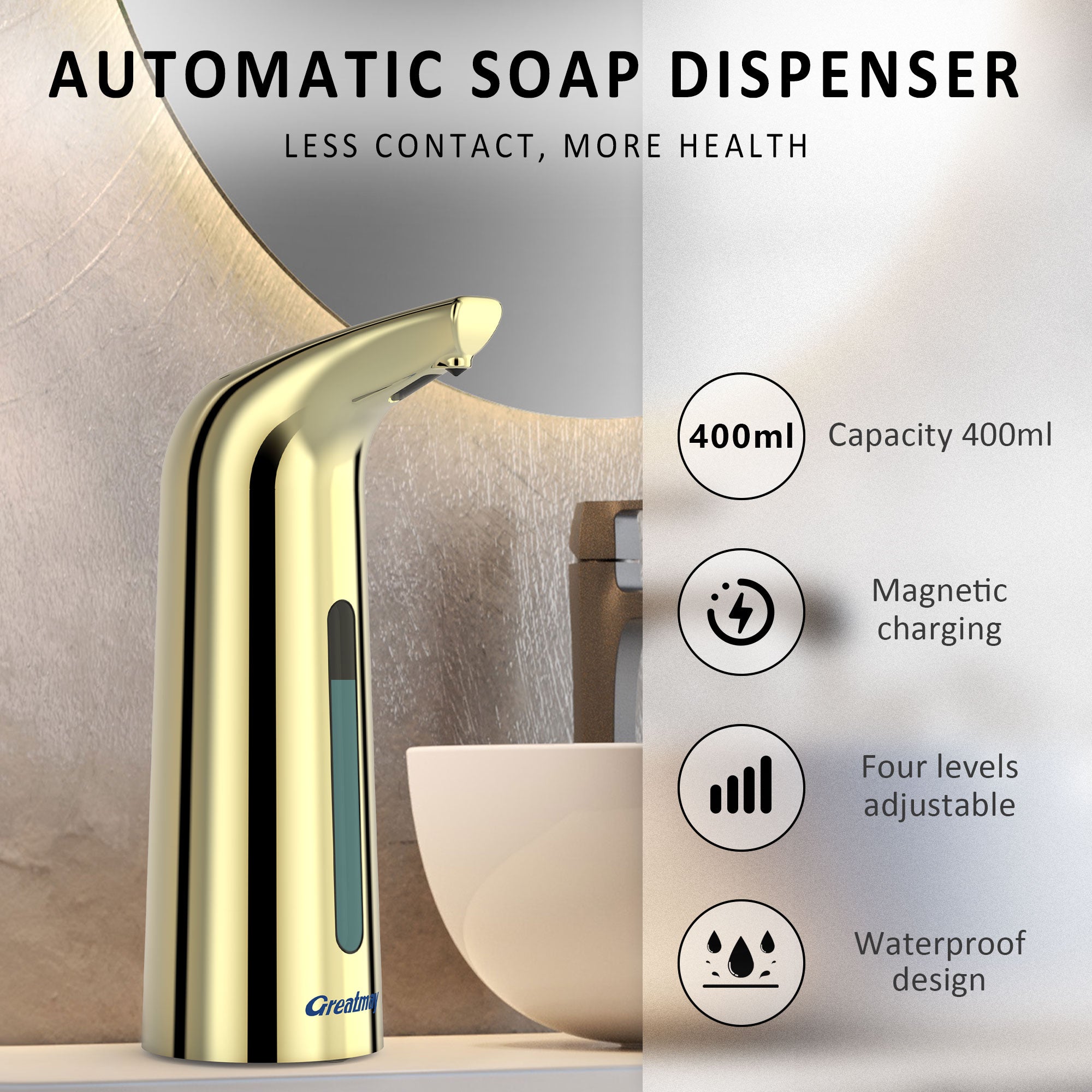 Convenient Automatic Soap Dispenser,4 Adjustable Levels Touchless Hand Sanitizer Pump with Infrared Sensor, 400 ml Countertop Electric Soap Dispenser for Bathroom,Kitchen