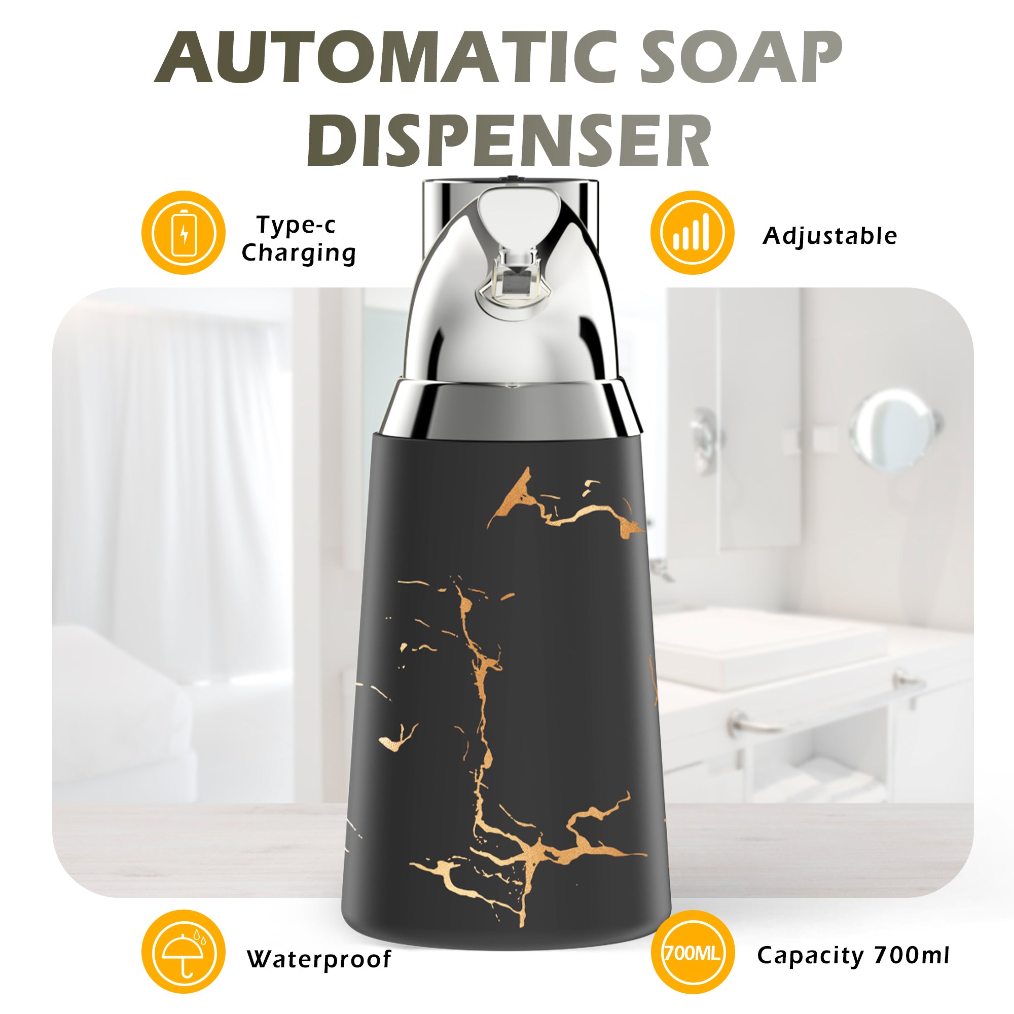 Adjustable Automatic Soap Dispenser Touchless, Ceramic Material，4 Adjustable Levels， Type-c Rechargeable Operated Sensor Liquid Soap Pump，Touch-Free Hand Sanitizer Dispenser