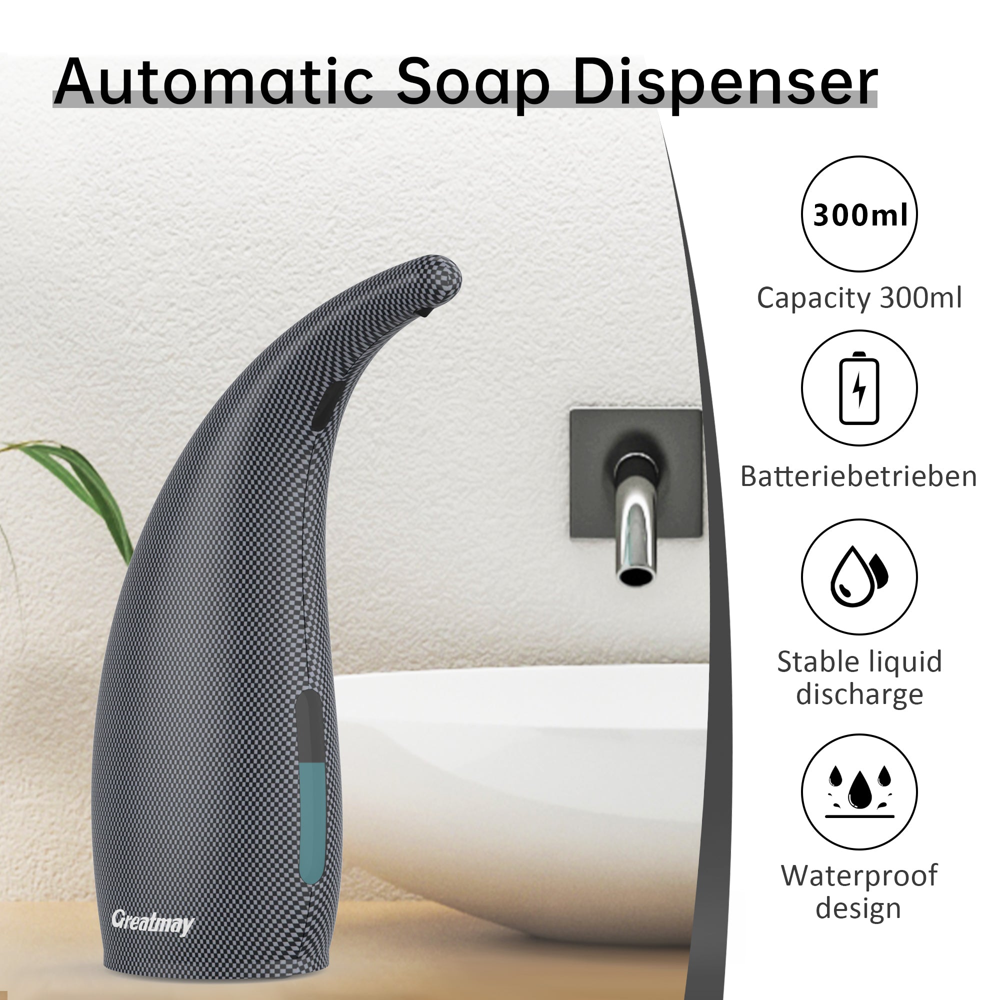 Adjustable automatic soap dispenser, non-contact, 4-speed adjustable, non-contact sensor liquid soap pump, 300ml AAA battery powered dispenser, suitable for kitchens and bathrooms.