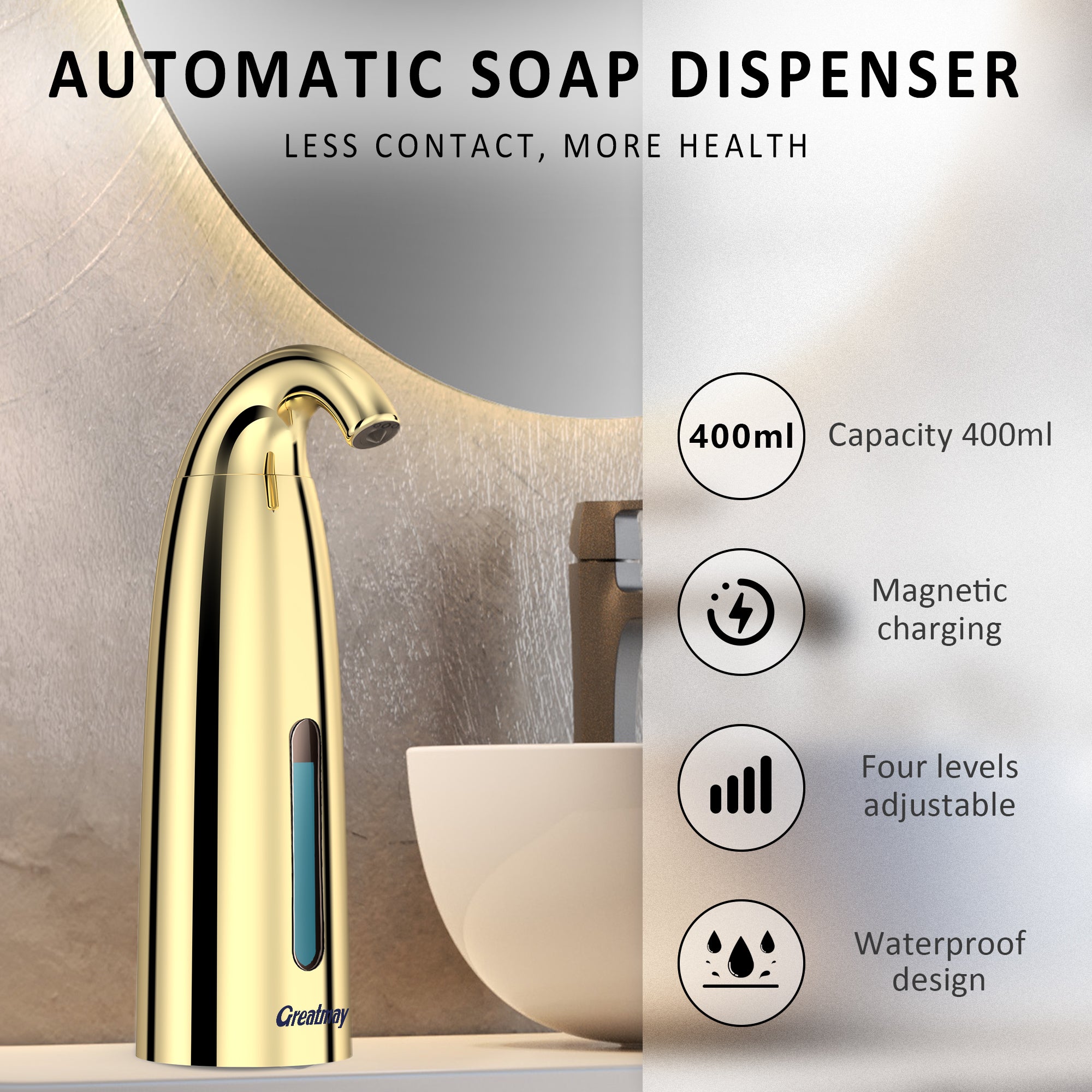 Convenient Automatic Soap Dispenser,4 Adjustable Levels Touchless Hand Sanitizer Pump with Infrared Sensor, 350 ml Countertop Electric Soap Dispenser for Bathroom,Kitchen