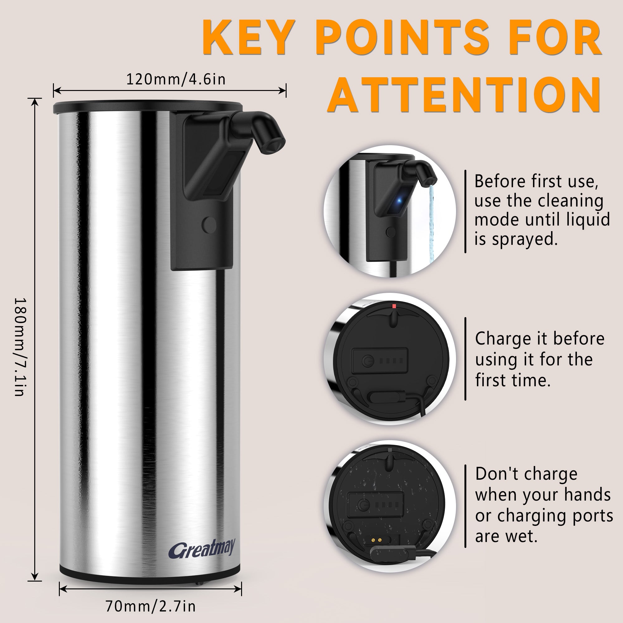 Automatic Soap Dispenser,Stainless Steel Material, Rechargeable Touchless Hand Sanitizer Pump,4 Adjustable Levels Smart Electric Dispenser,Suitable for Bathroom,Kitchen