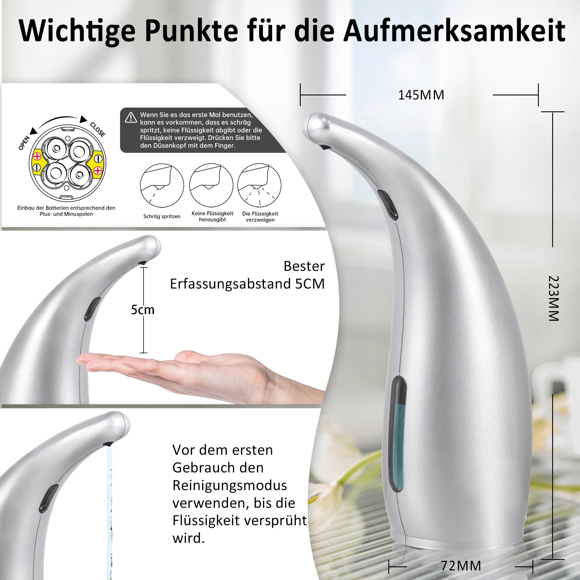 ￼ Adjustable automatic soap dispenser, non-contact, 4-speed adjustable, non-contact sensor liquid soap pump, 300ml AAA battery powered dispenser, suitable for kitchens and bathrooms.