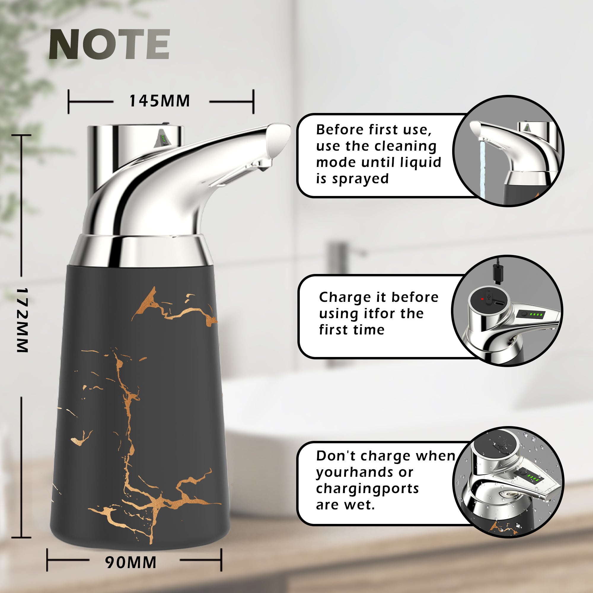 Adjustable Automatic Soap Dispenser Touchless, Ceramic Material，4 Adjustable Levels， Type-c Rechargeable Operated Sensor Liquid Soap Pump，Touch-Free Hand Sanitizer Dispenser