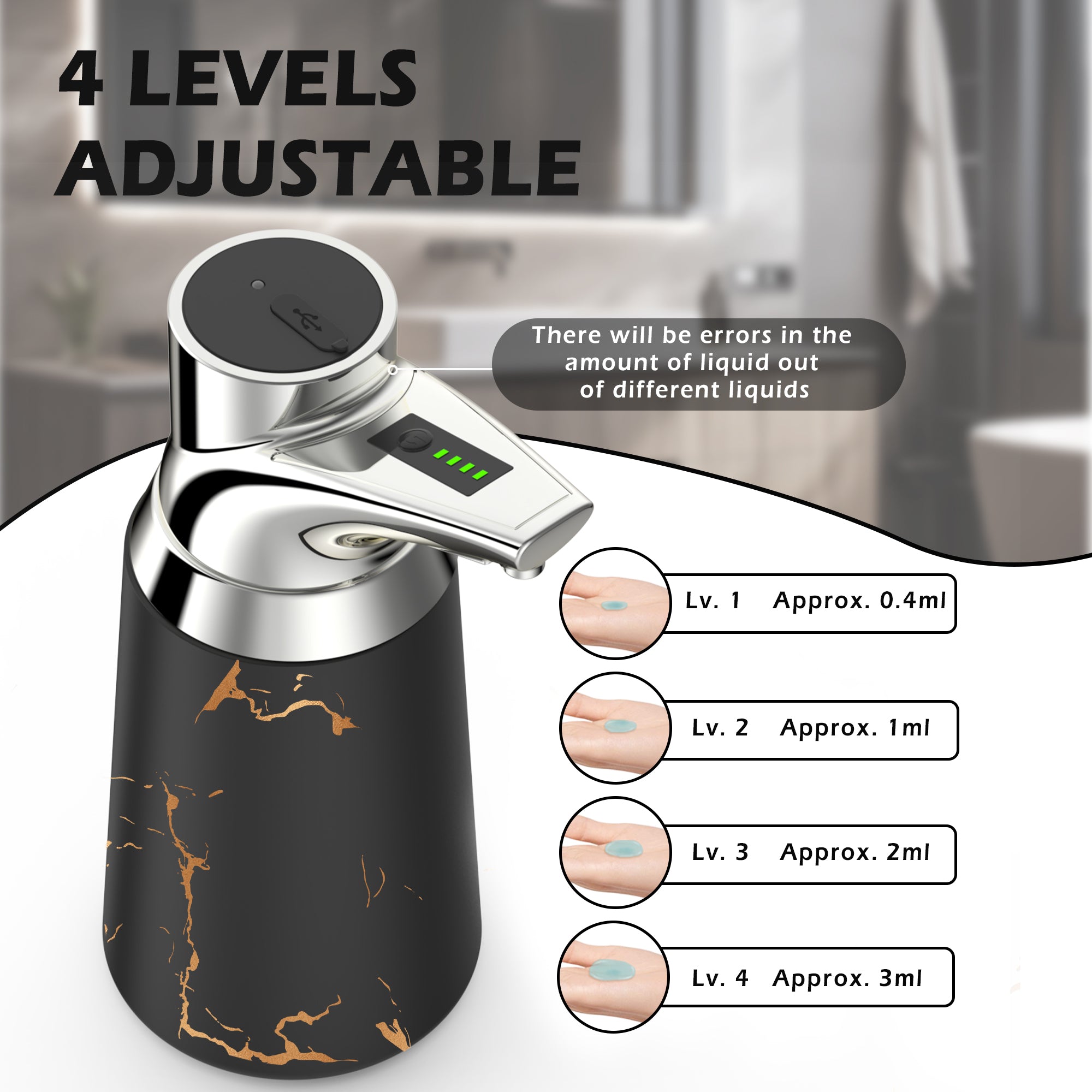 Adjustable Automatic Soap Dispenser Touchless, Ceramic Material，4 Adjustable Levels， Type-c Rechargeable Operated Sensor Liquid Soap Pump，Touch-Free Hand Sanitizer Dispenser