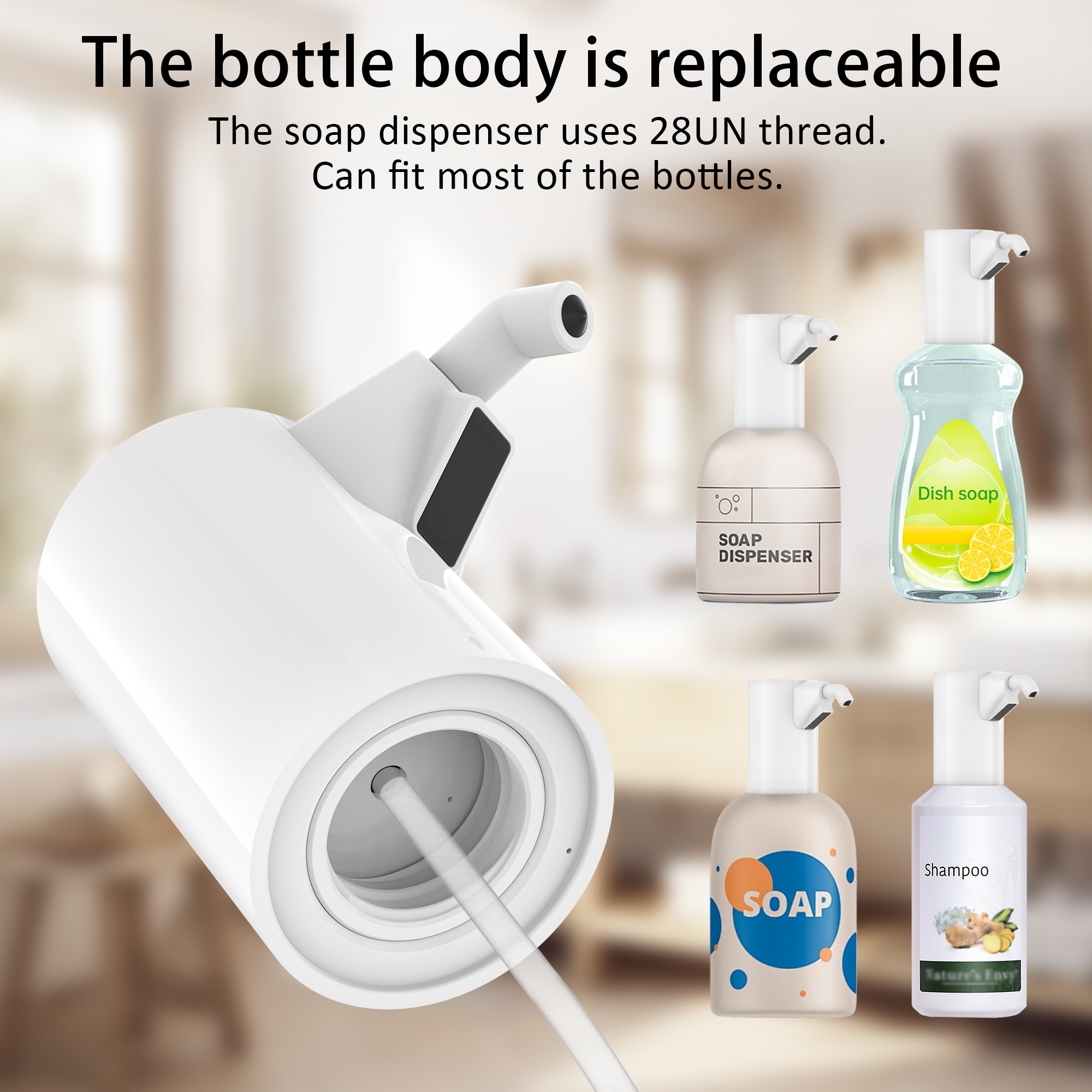 Automatic Soap Dispenser Adjustable,4 Adjustable Levels Rechargeable Electric Liquid Dispenser,450ml Touchless Hand Sanitizer Pump for Bathroom and Kitchen,The Bottle is Replaceable