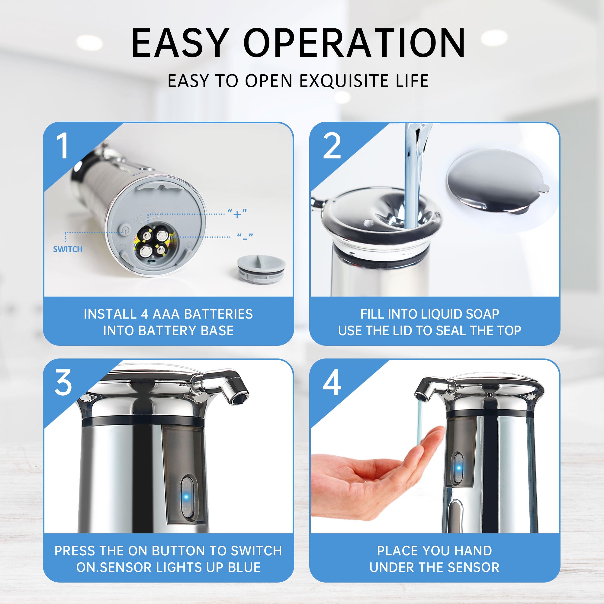 Adjustable automatic soap dispenser, non-contact, 4-speed adjustable, non-contact sensor-operated liquid soap pump, 350ml rechargeable magnetic hand soap dispenser, suitable for kitchens and bathrooms.