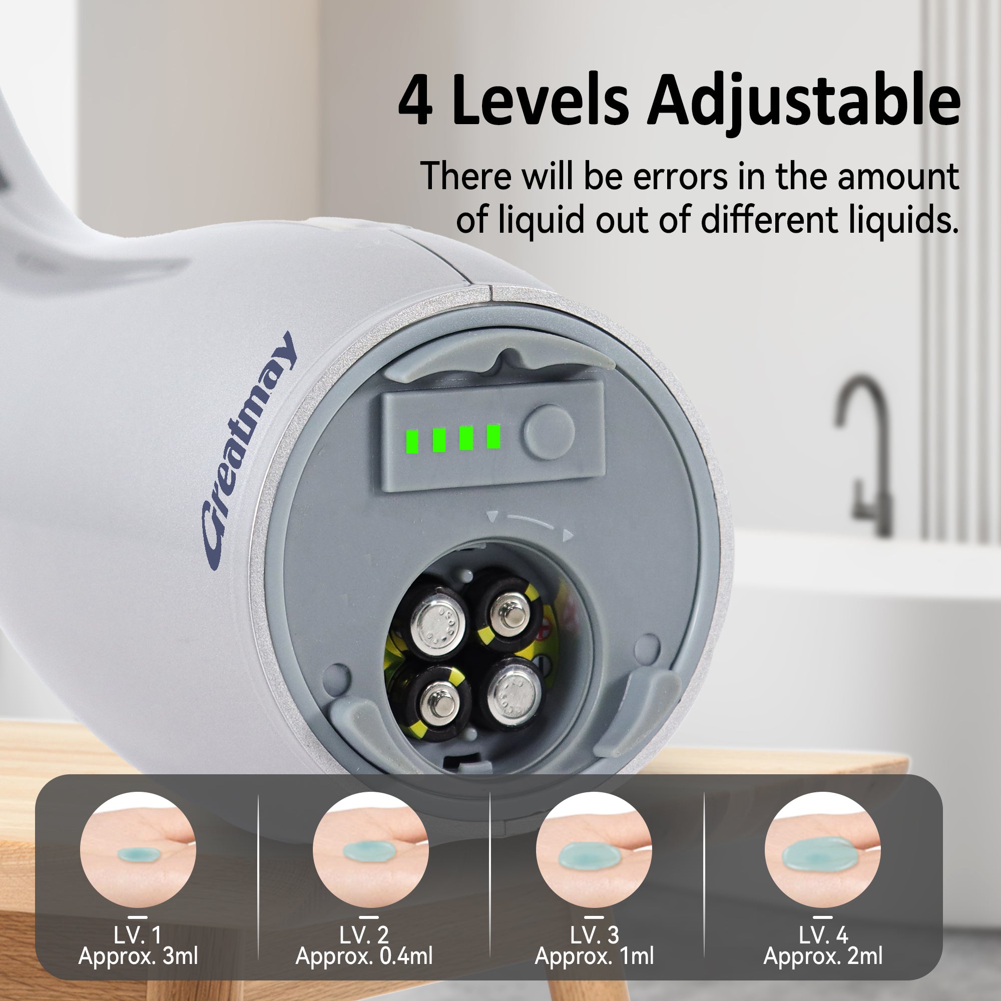 ￼ Adjustable automatic soap dispenser, non-contact, 4-speed adjustable, non-contact sensor liquid soap pump, 300ml AAA battery powered dispenser, suitable for kitchens and bathrooms.