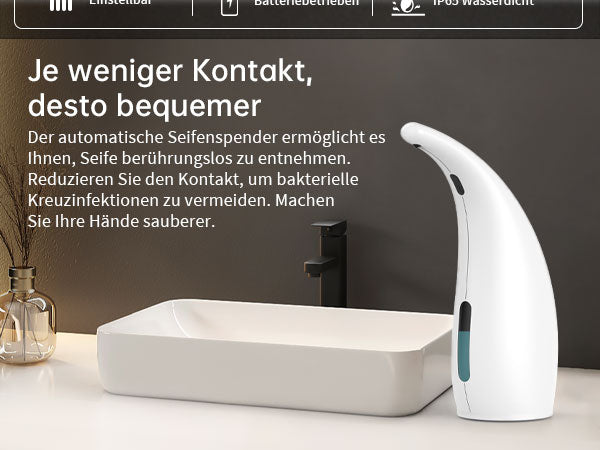 Adjustable automatic soap dispenser, non-contact, 4-speed adjustable, non-contact sensor liquid soap pump, 300ml AAA battery powered dispenser, suitable for kitchens and bathrooms.