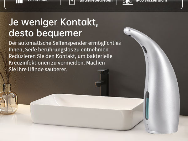 ￼ Adjustable automatic soap dispenser, non-contact, 4-speed adjustable, non-contact sensor liquid soap pump, 300ml AAA battery powered dispenser, suitable for kitchens and bathrooms.